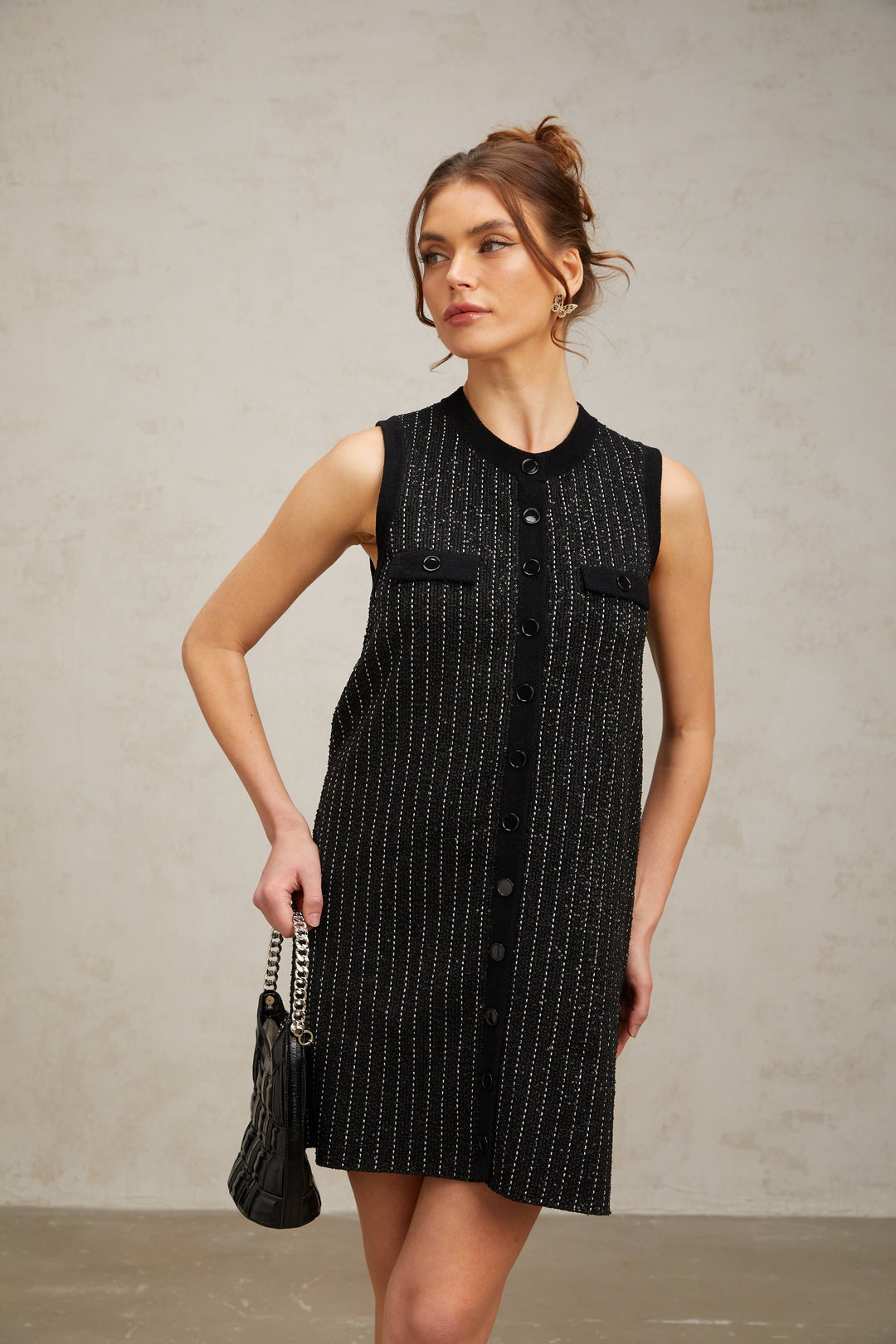 Levoire | Noir Rayé Vertical Paillettes Tricot Mini Robe