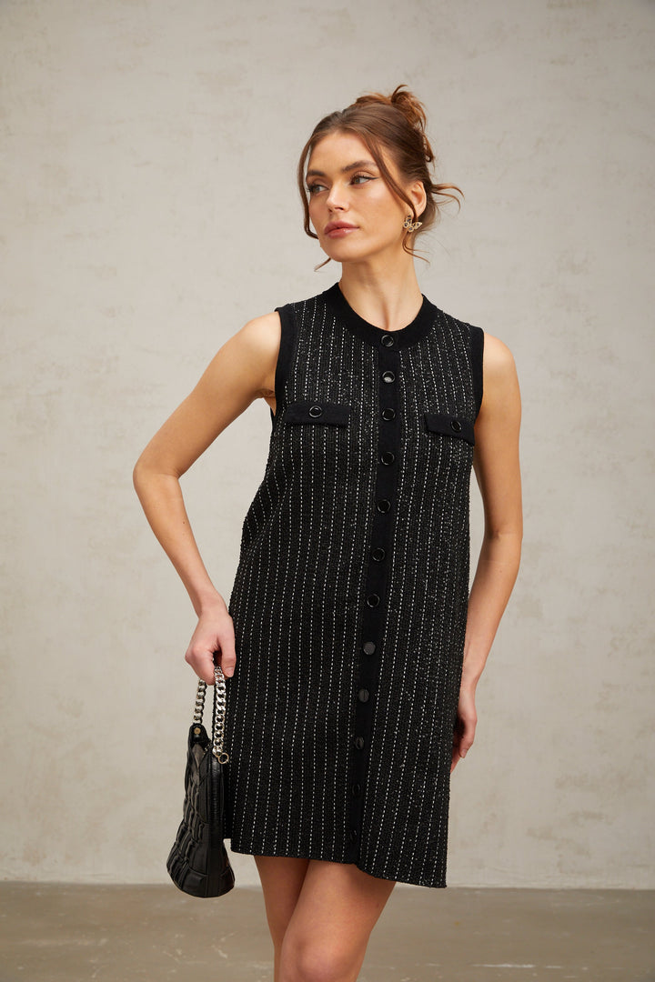 Levoire | Noir Rayé Vertical Paillettes Tricot Mini Robe