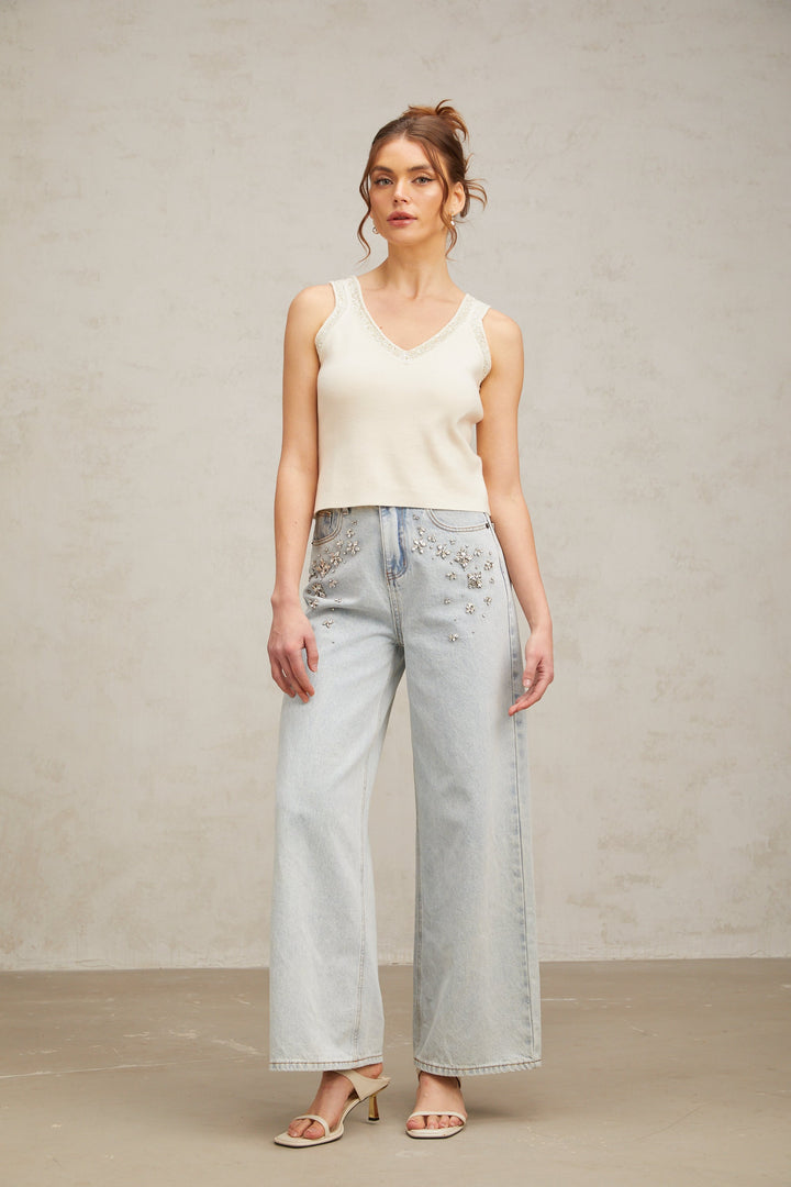 Levoire | Blanc Top Crop Fins Tricotés Brodés De Perles