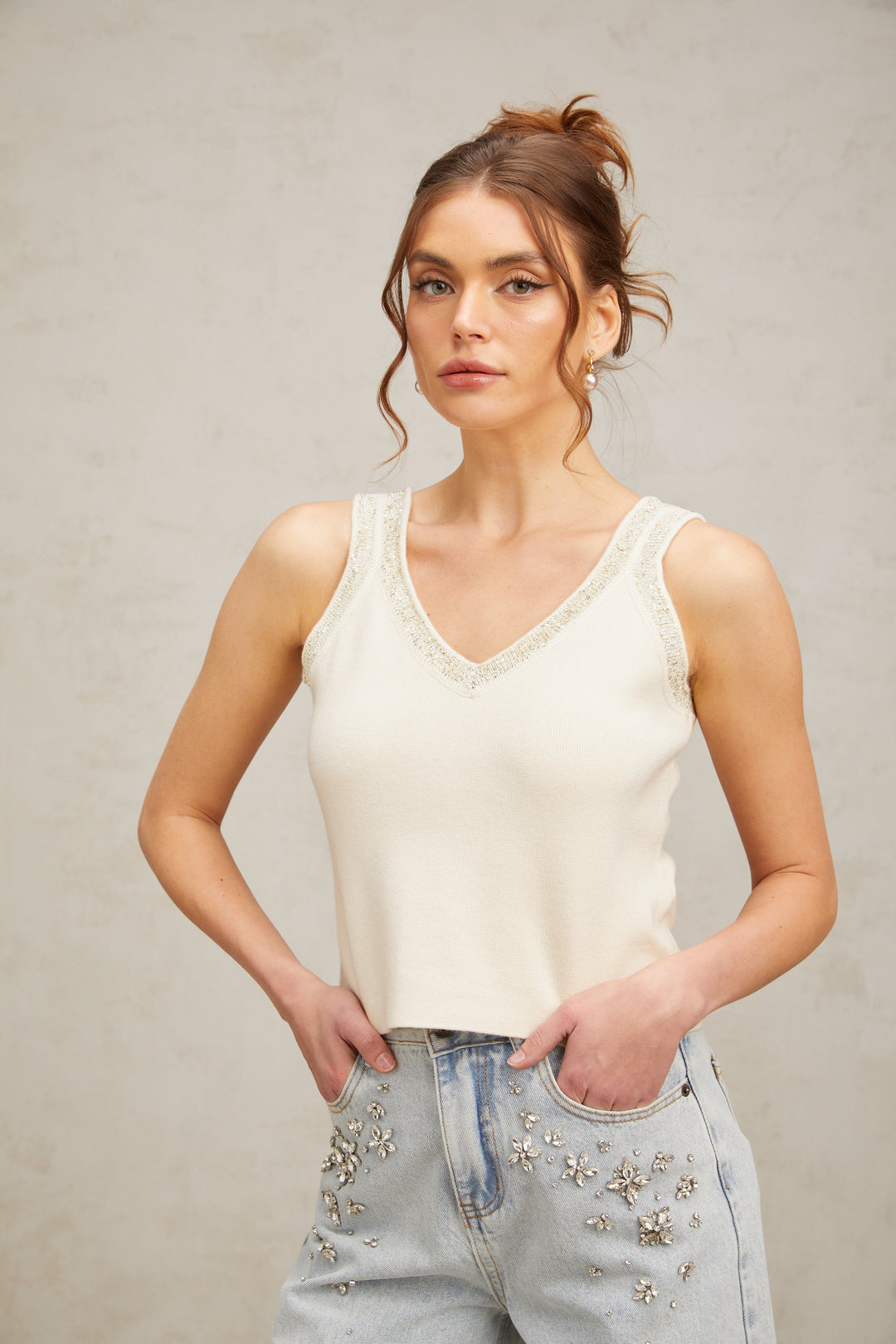Levoire | Blanc Top Crop Fins Tricotés Brodés De Perles