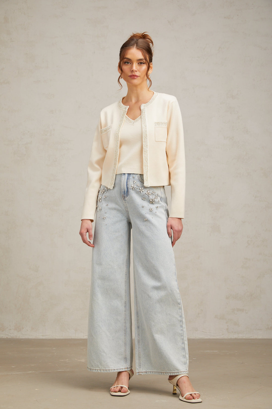 Levoire | Blanc Top Crop Fins Tricotés Brodés De Perles