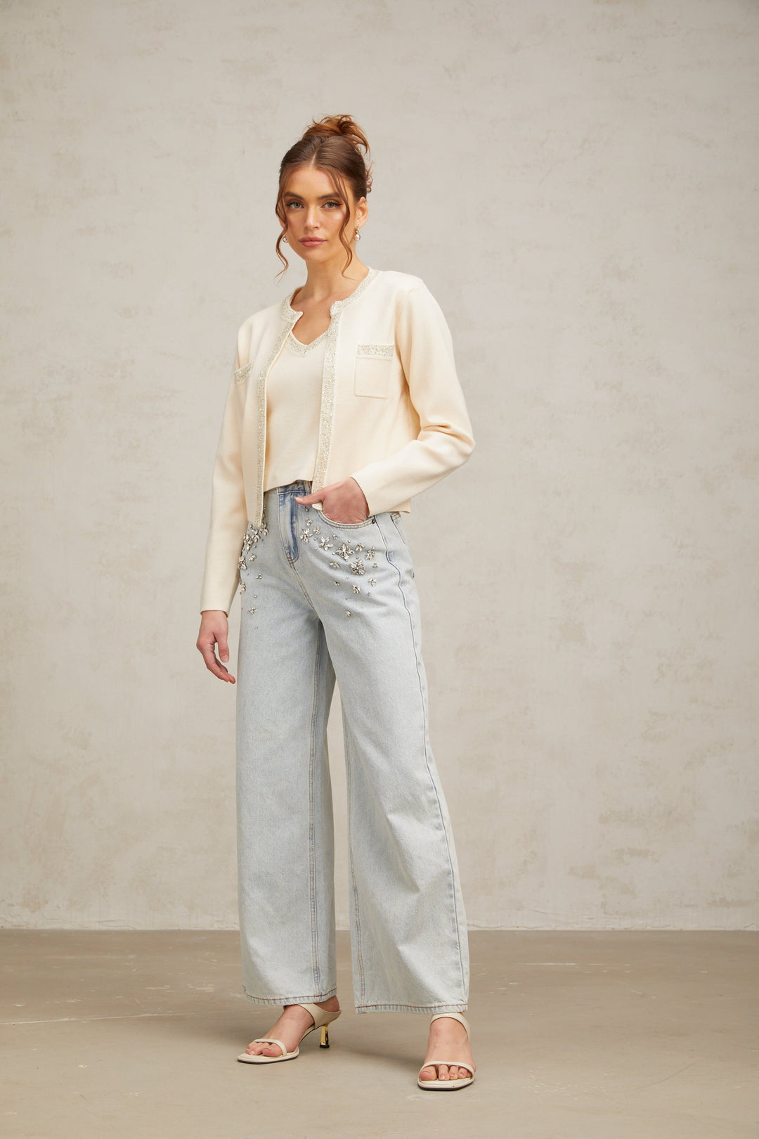 Levoire | Blanc Top Crop Fins Tricotés Brodés De Perles