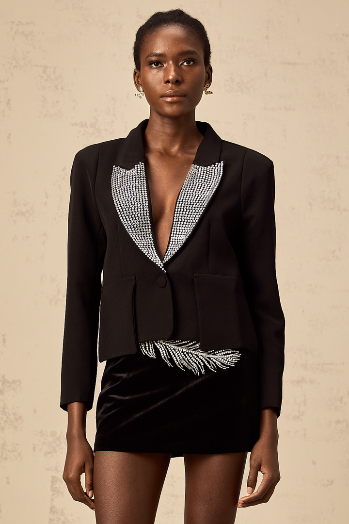 Levoire | Veste Bleue À Col V Ornée De Cristaux Noirs