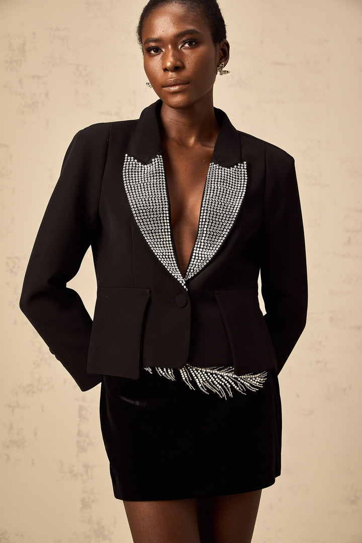Levoire | Veste Bleue À Col V Ornée De Cristaux Noirs