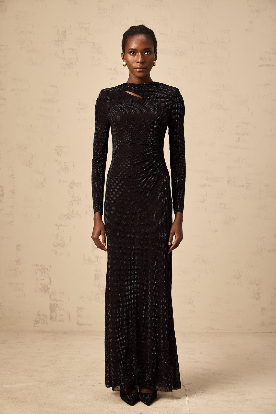 Levoire | Noir Avec Strass Épais Géré Maille Maxi Robe