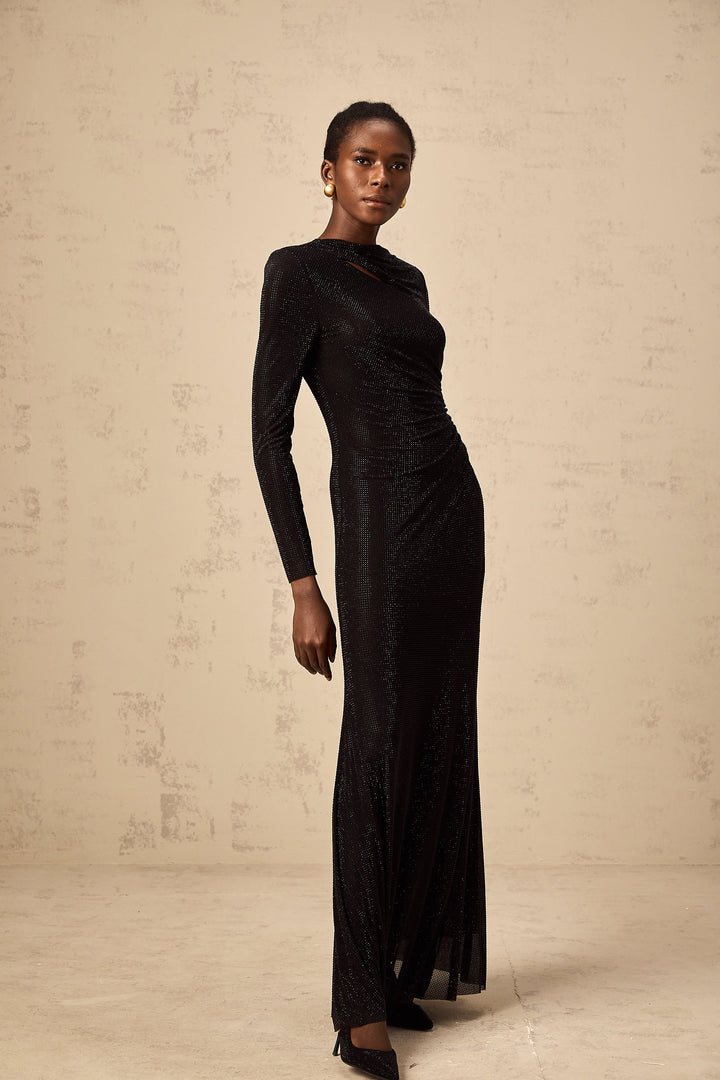 Levoire | Noir Avec Strass Épais Géré Maille Maxi Robe