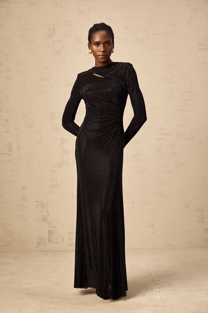 Levoire | Noir Avec Strass Épais Géré Maille Maxi Robe