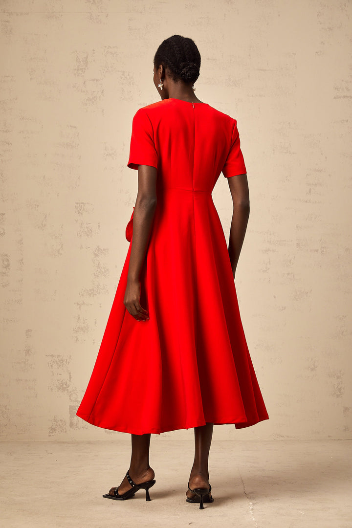 Levoire | Application De Fleurs Rouges Robe Midi