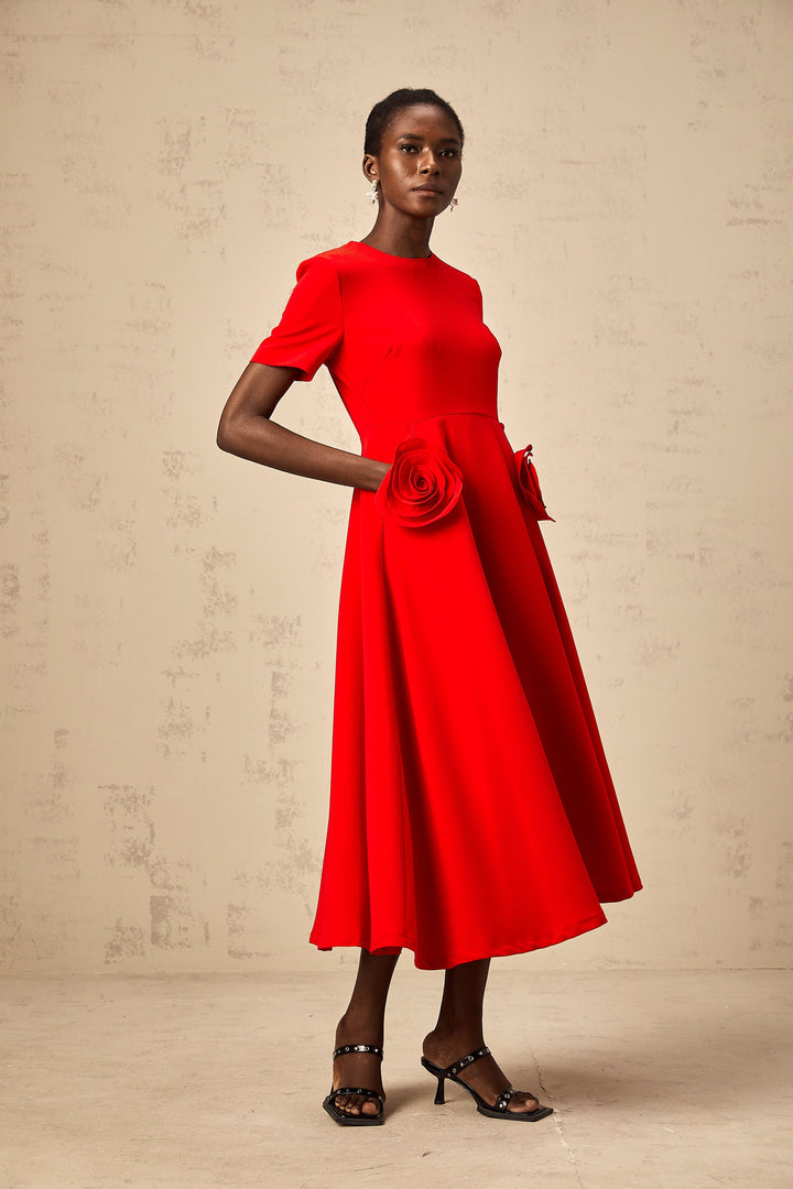 Levoire | Application De Fleurs Rouges Robe Midi