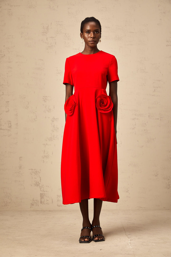 Levoire | Application De Fleurs Rouges Robe Midi