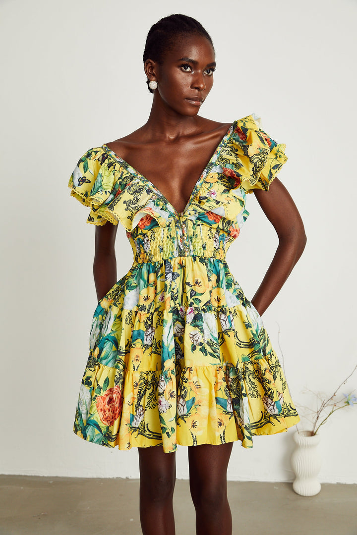 Levoire | Robe Mini Imprimé Volants Jaune