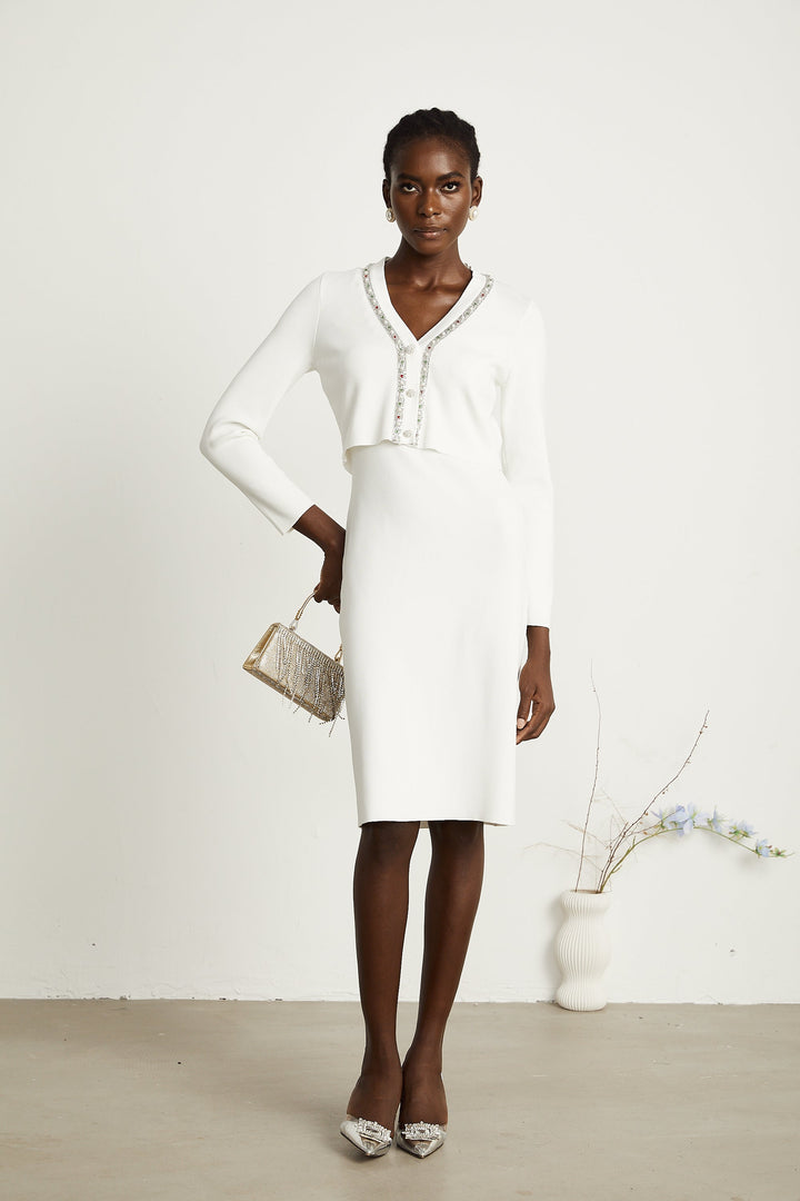 Levoire | Ensemble De Gilet En Tricot Et Robe Ornée De Perles Blanches