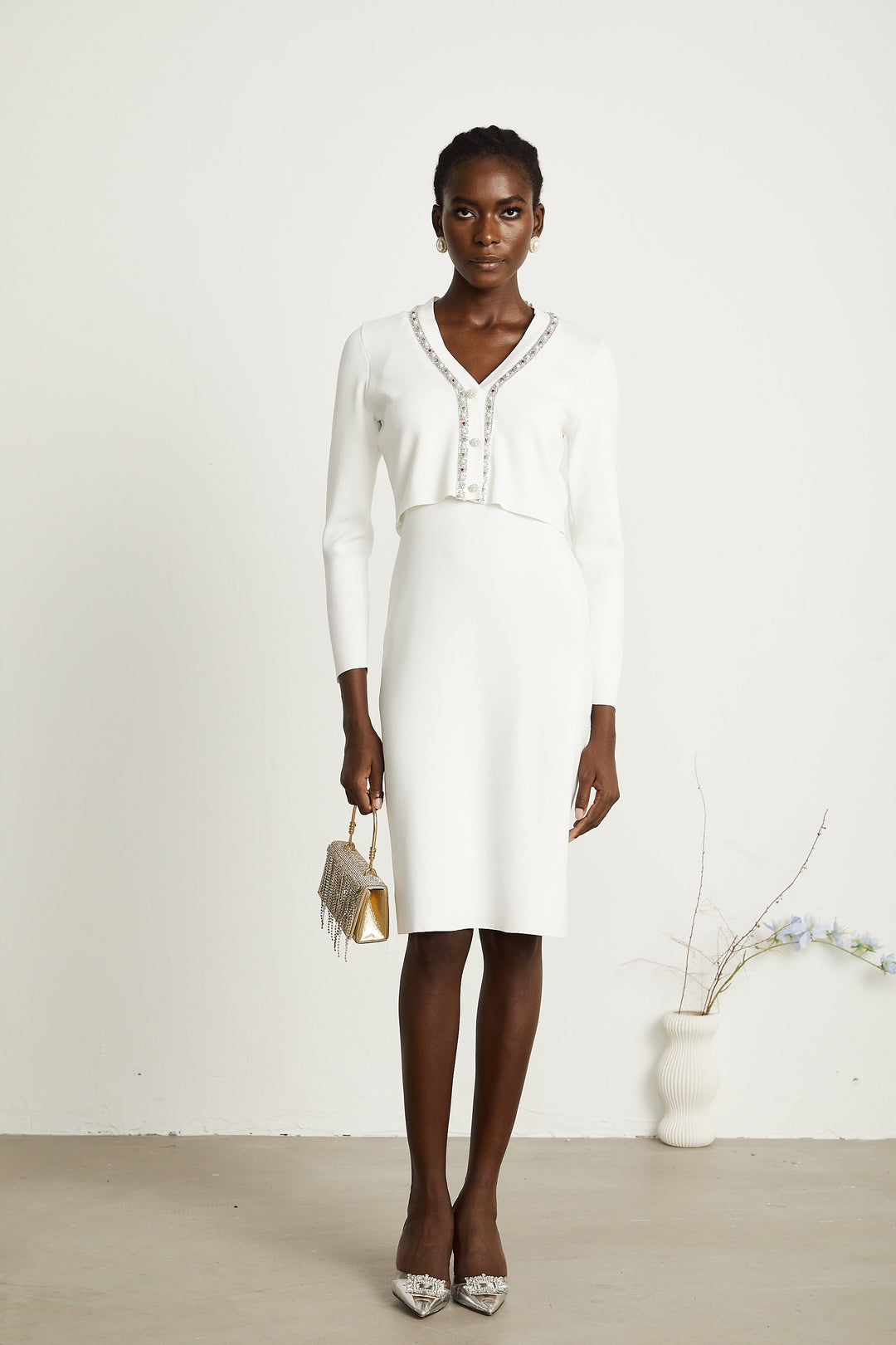 Levoire | Ensemble De Gilet En Tricot Et Robe Ornée De Perles Blanches