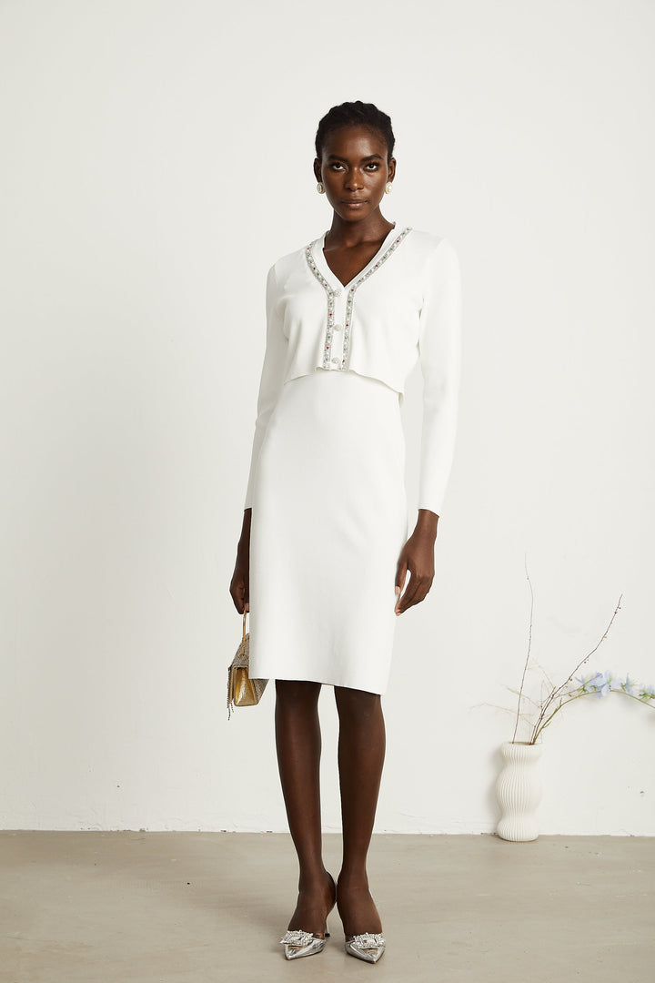 Levoire | Ensemble De Gilet En Tricot Et Robe Ornée De Perles Blanches