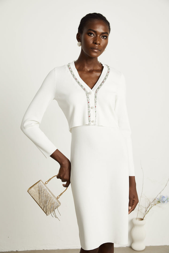 Levoire | Ensemble De Gilet En Tricot Et Robe Ornée De Perles Blanches