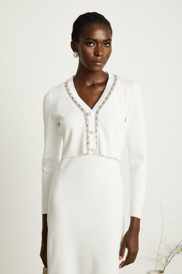 Levoire | Ensemble De Gilet En Tricot Et Robe Ornée De Perles Blanches