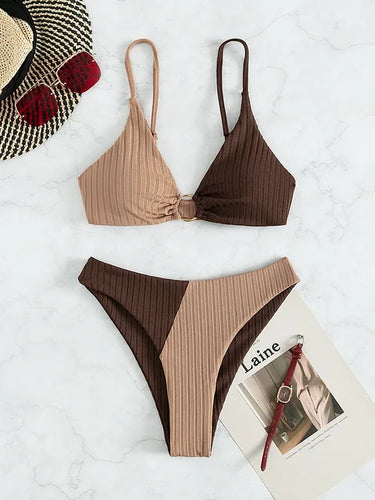 Levoire | Deux Couleurs Bikini Côtelé Taille Haute Pour Femmes