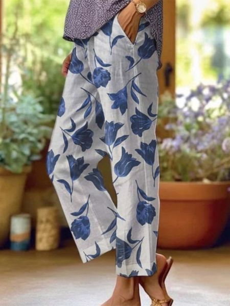 Levoire | Pantalon d'été pour femme avec motif floral Bleu Orchidée