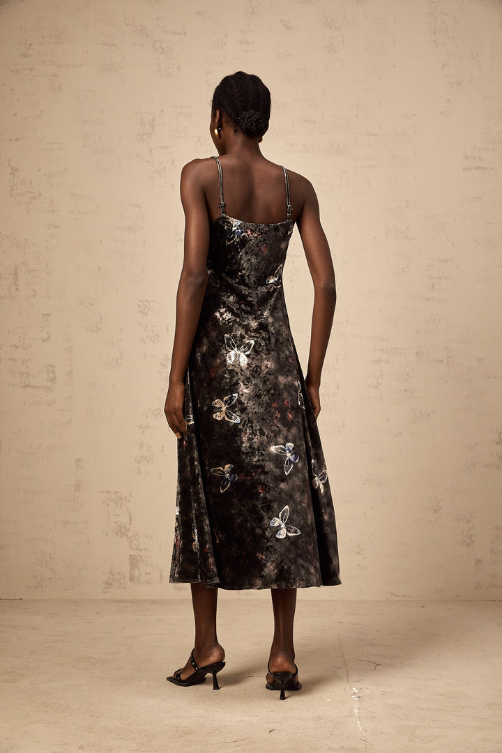 Levoire | Robe Midi En Velours Noir Avec Imprimé Papillon