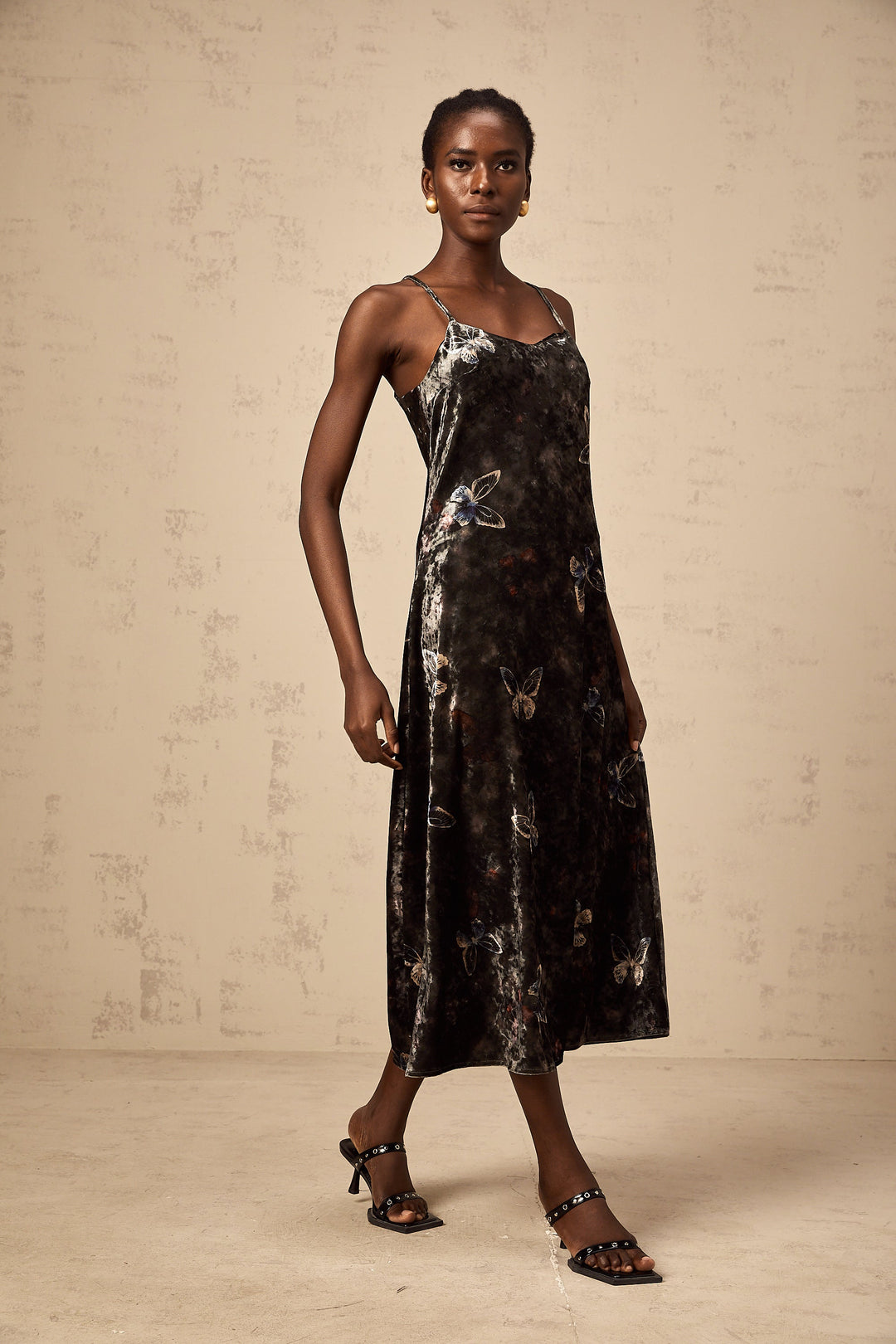 Levoire | Robe Midi En Velours Avec Imprimé Papillon Noir