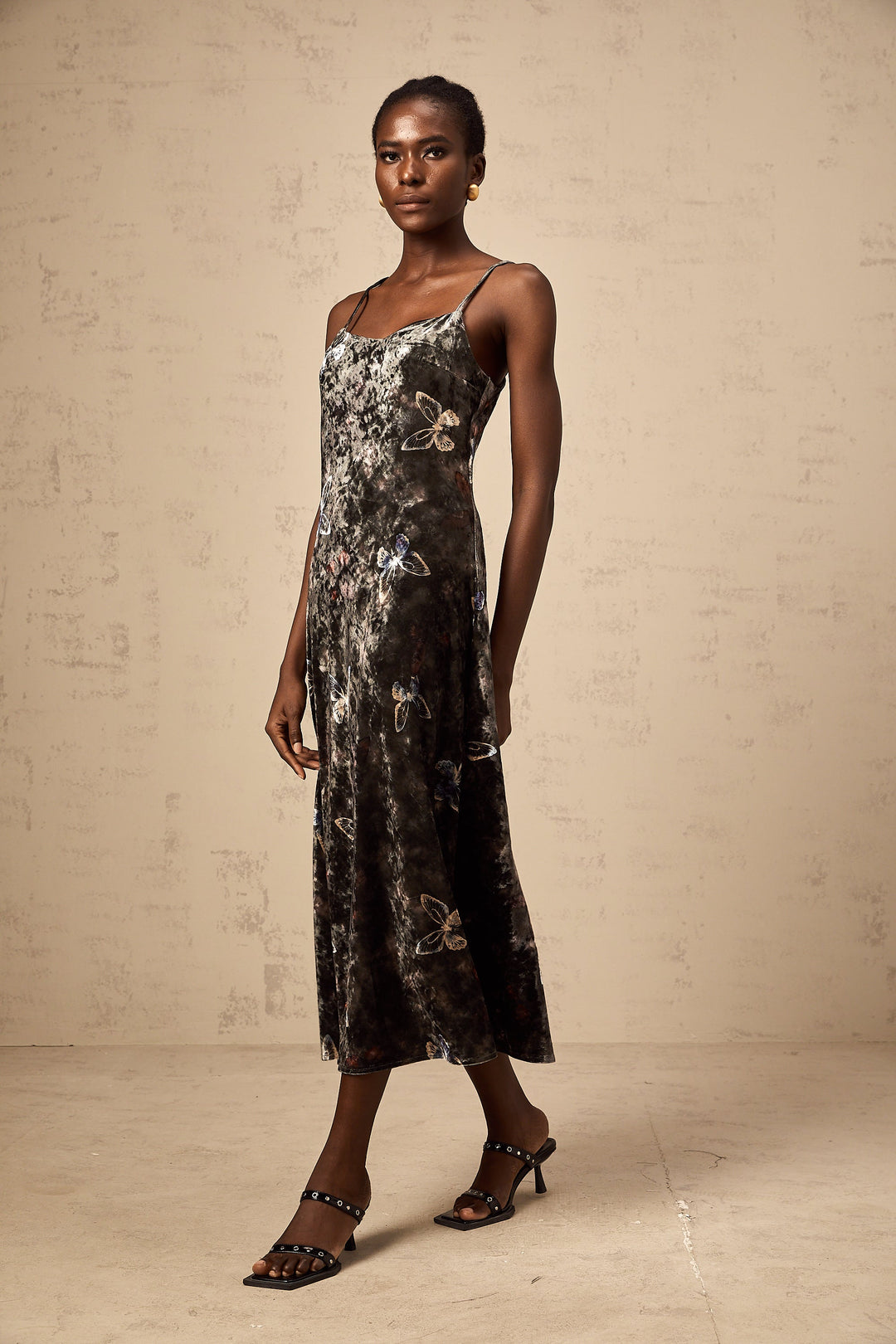 Levoire | Robe Midi En Velours Noir Avec Imprimé Papillon