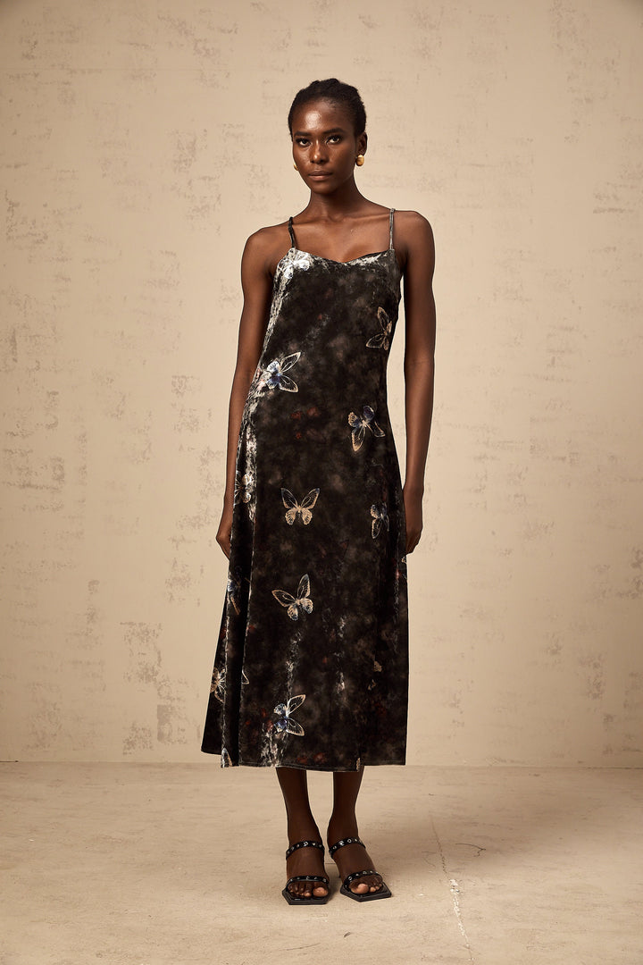 Levoire | Robe Midi En Velours À Imprimé Papillon Noir