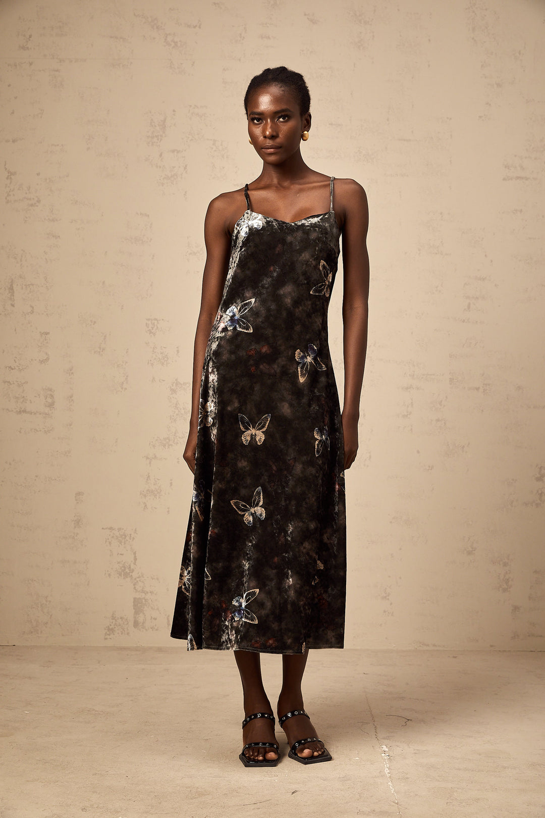 Levoire | Robe Midi En Velours Noir Avec Imprimé Papillon