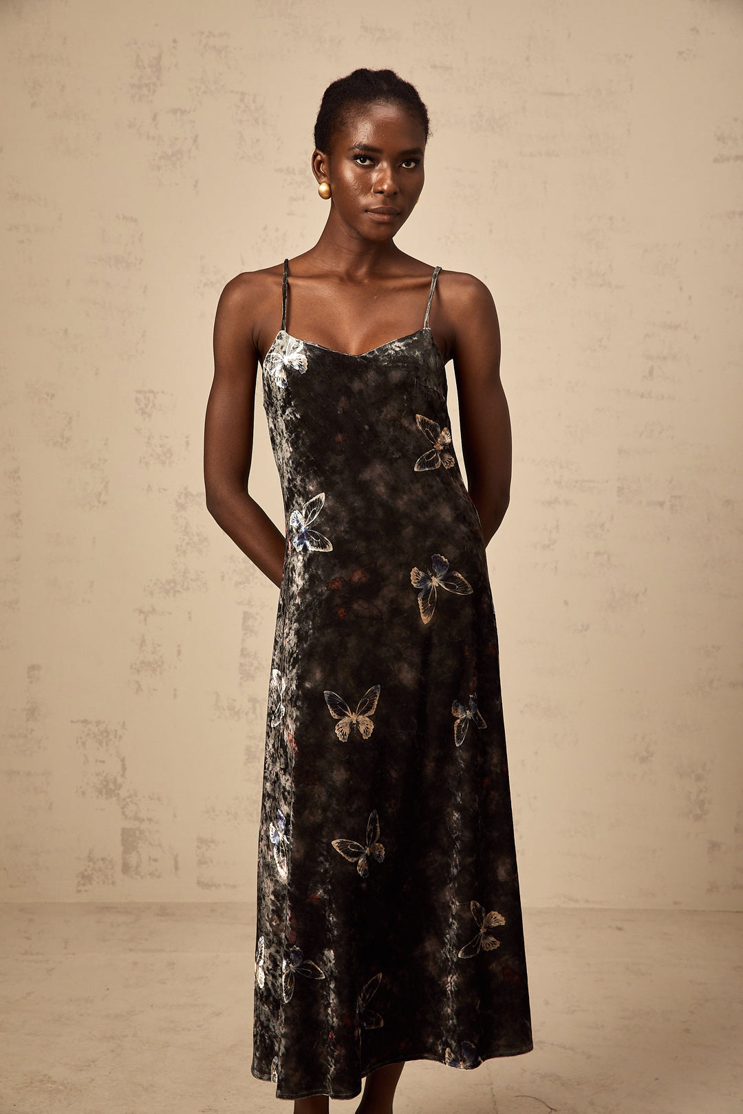 Levoire | Robe Midi En Velours Noir Avec Imprimé Papillon