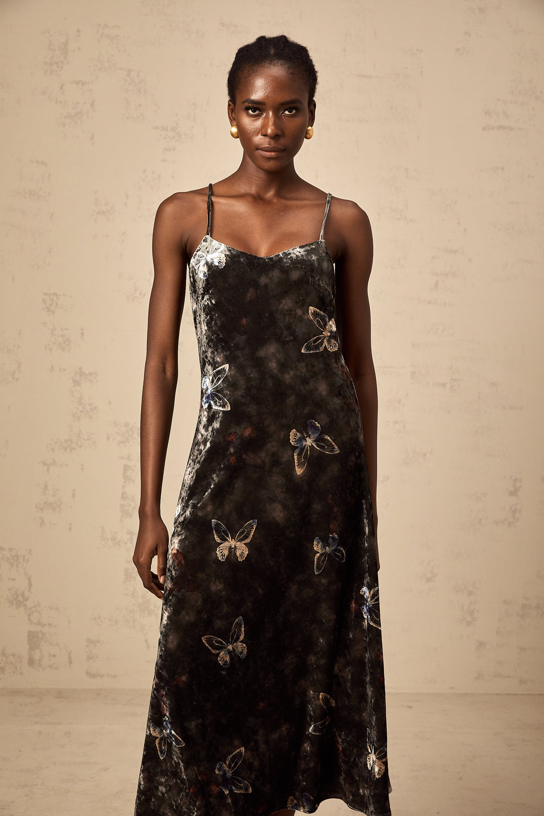 Levoire | Robe Midi En Velours À Imprimé Papillon Noir