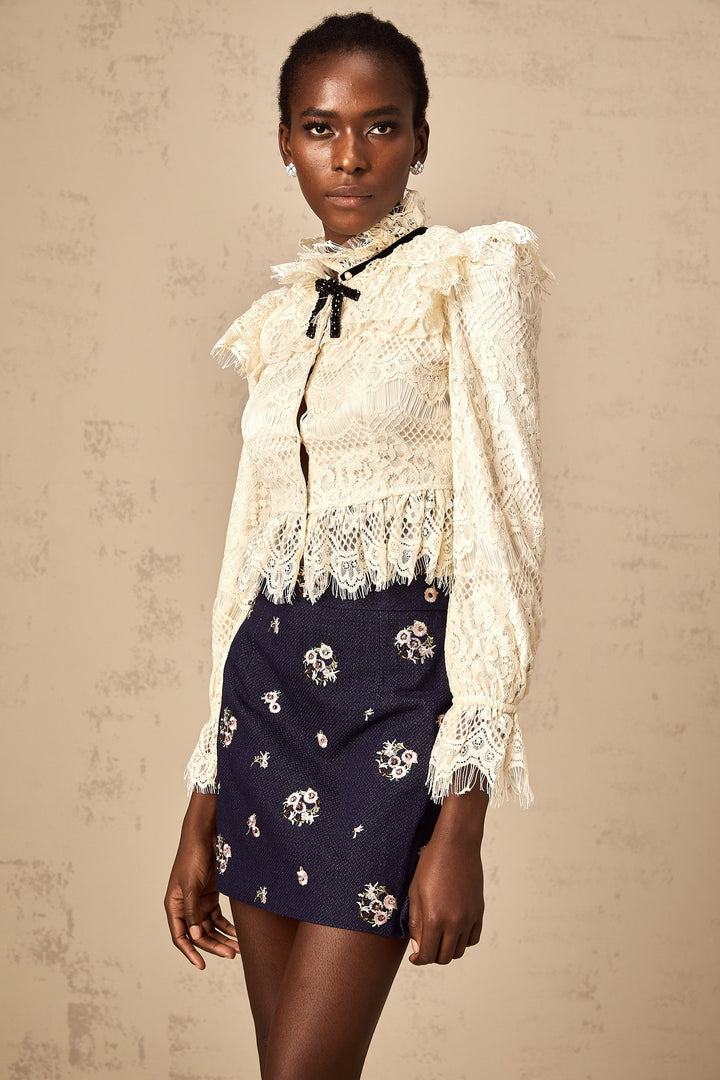 Levoire | Off White Nœud Motif Fleuri Blouse