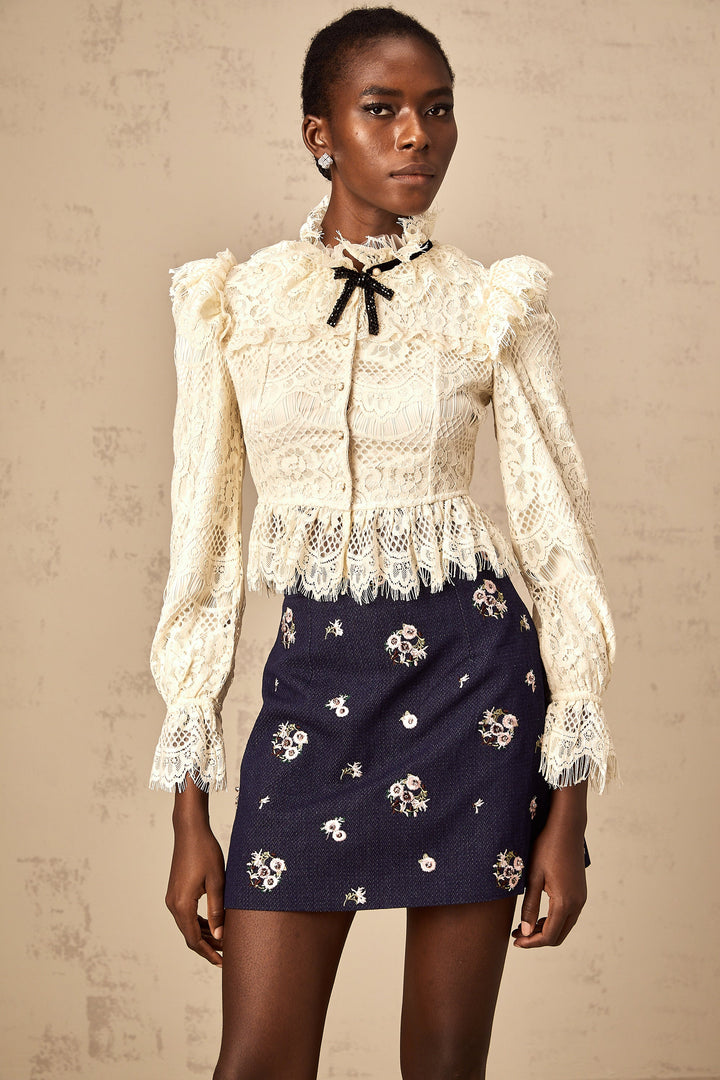 Levoire | Off White Nœud Motif Fleuri Blouse