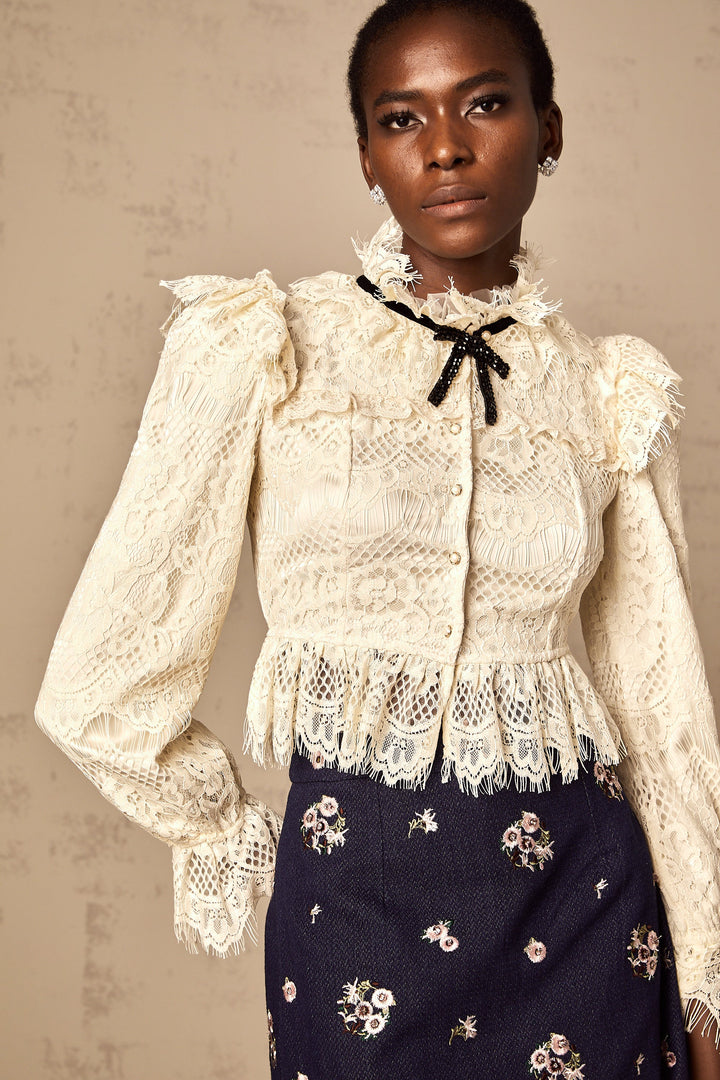 Levoire | Off White Nœud Motif Fleuri Blouse