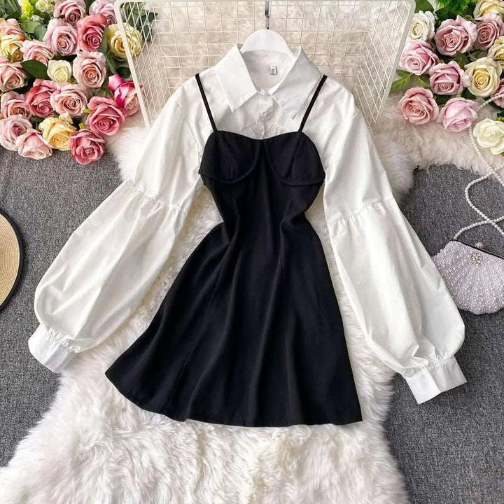 Levoire | Robe avec ceinture, chemisier à manches courtes, manches lanternes, robe à deux pièces