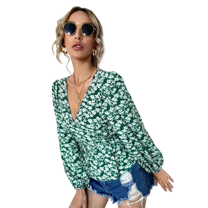 Blouse enveloppante pour femmes avec motif floral et manches bouffantes Levoire