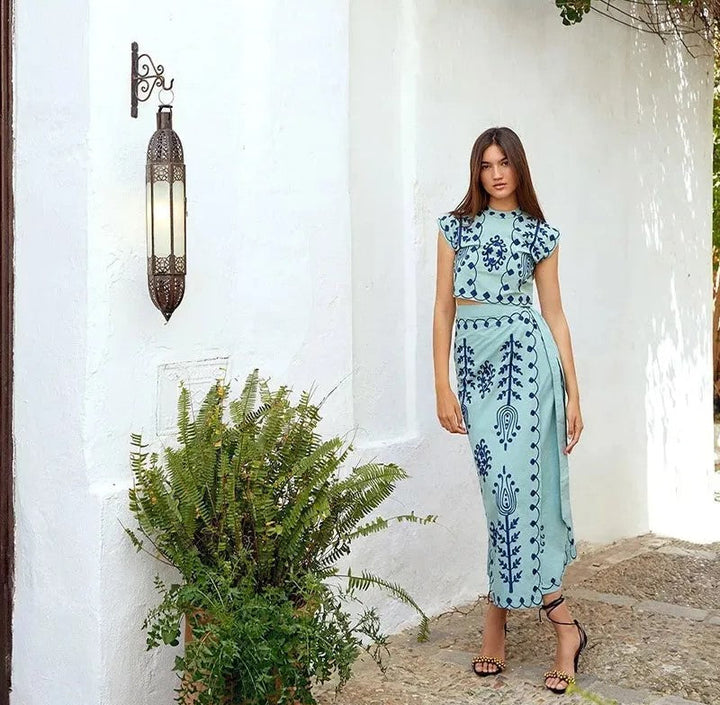 Levoire | Ensemble En Lin Avec Haut À Imprimé Ethnique Et Jupe Midi Bleu ciel