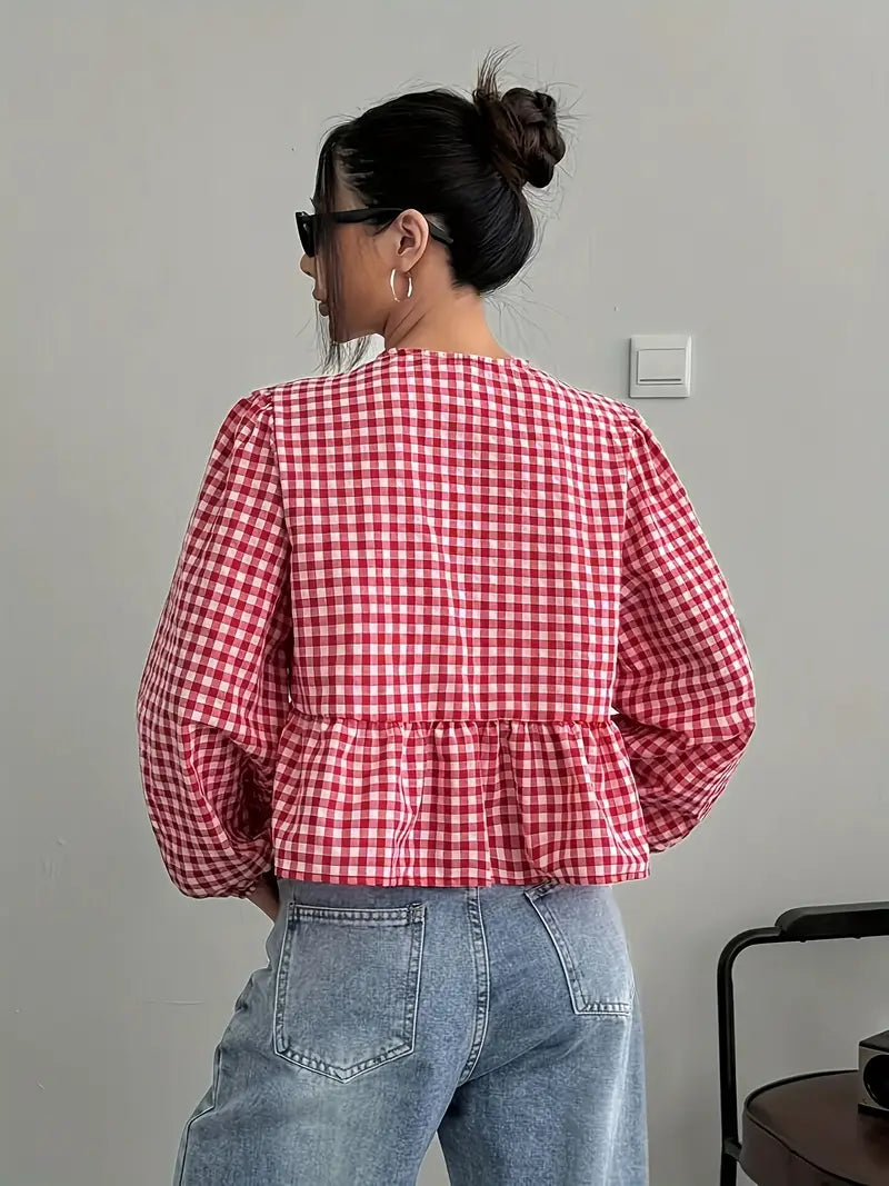 Levoire | Blouse Peplum À Carreaux Avec Ruban Pour Femmes
