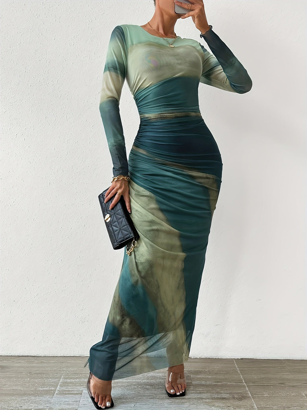 Levoire | Robe Maxi Froncée Et Ajustée Avec Motif Tie-Dye, Élégante Robe À Manches Longues Avec Encolure Ronde Pour Le Printemps Et L'Automne, Vêtements Femme