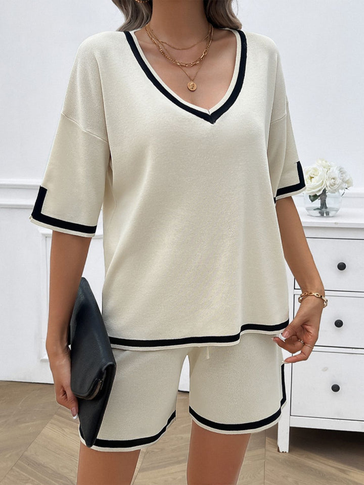 Levoire | Printemps Prêt Contraste V Décolleté Haut Et Short Court Ensemble Blanc