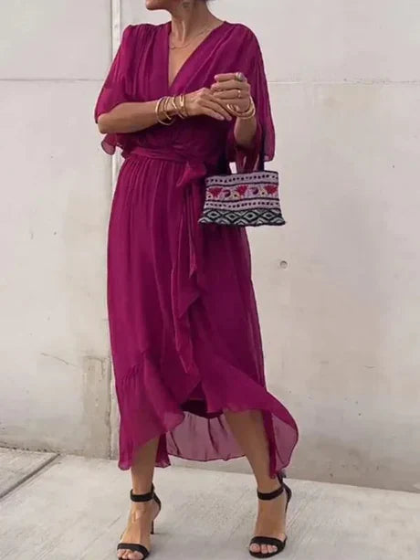 Levoire | Robe Mi-Longue En Chiffon Vert À Décolleté En V Lilas