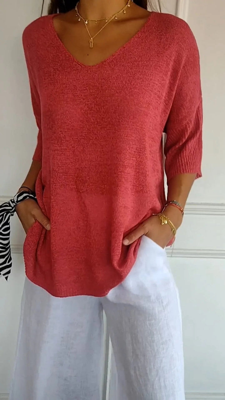 Levoire | Haut En Tricot À Col En V Élégant Et Polyvalent Rouge