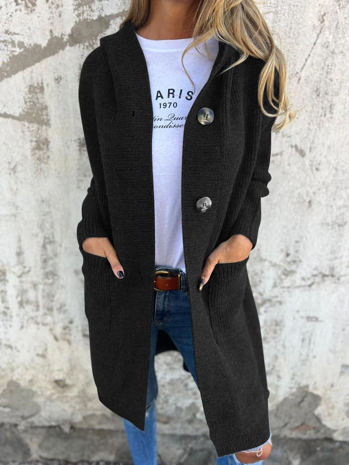 Levoire | Élégant Long Cardigan En Tricot Avec Capuche Noir