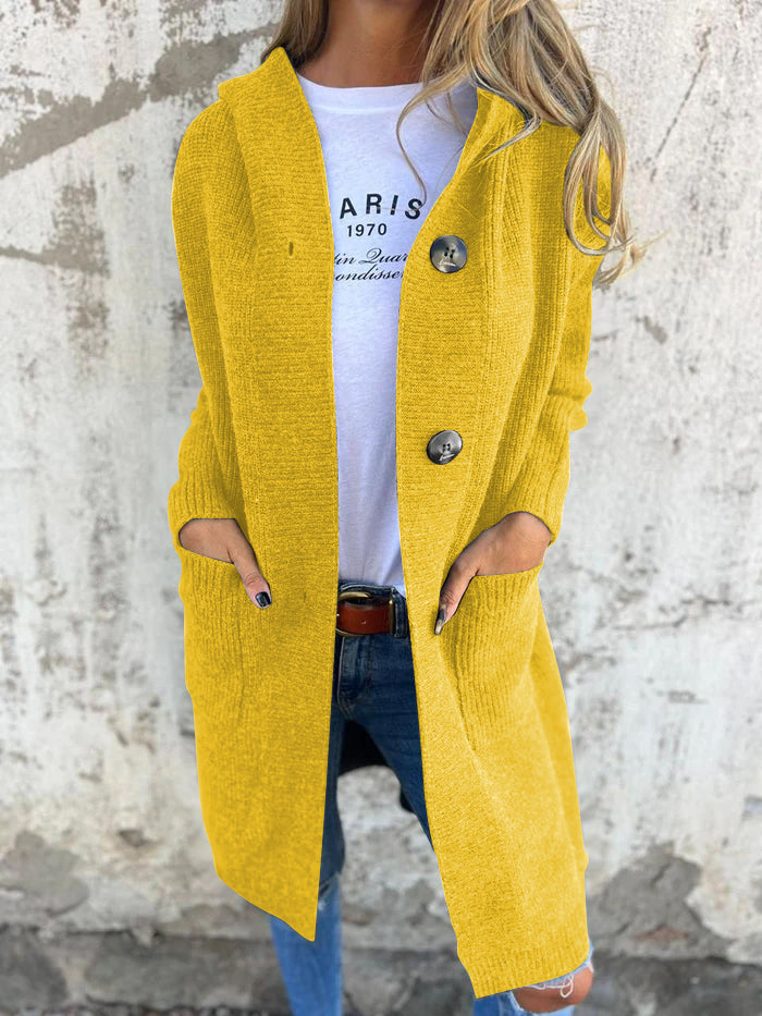 Levoire | Élégant Long Cardigan En Tricot Avec Capuche Jaune