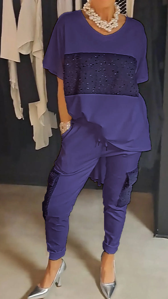 Levoire | Ensemble Décontracté Col Rond Paillettes Violet