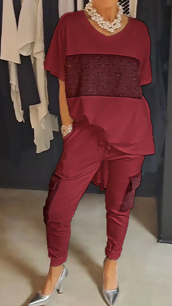 Levoire | Ensemble Décontracté Col Rond Paillettes Rouge