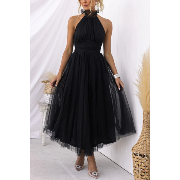 Levoire | Robe de demoiselle d'honneur midi avec dos ouvert pour femmes Noir