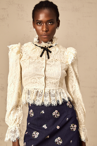 Levoire | Off White Nœud Motif Fleuri Blouse