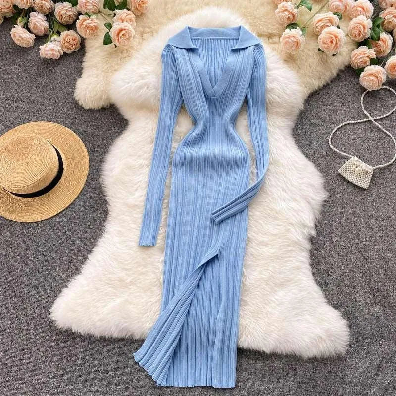 Levoire | Robe à manches longues en tricot extensible Bleu Une taille