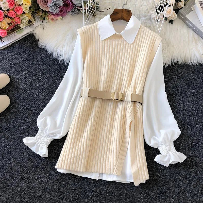 Levoire | Robe femme 2 pièces : chemise blanche et gilet noir avec ceinture