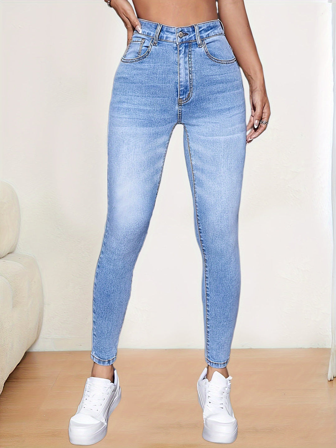 Levoire | Taille Haute Skinny Jeans À Une Couleur Bleu