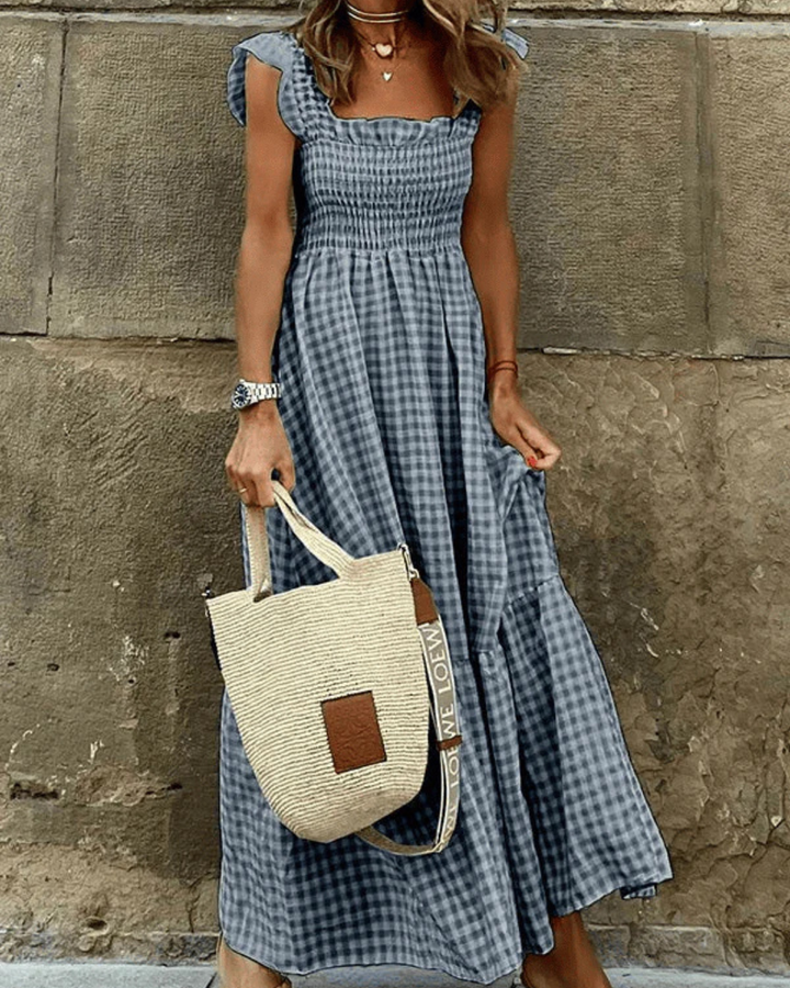 Levoire | Robe maxi été froissée avec motif à carreaux Gris